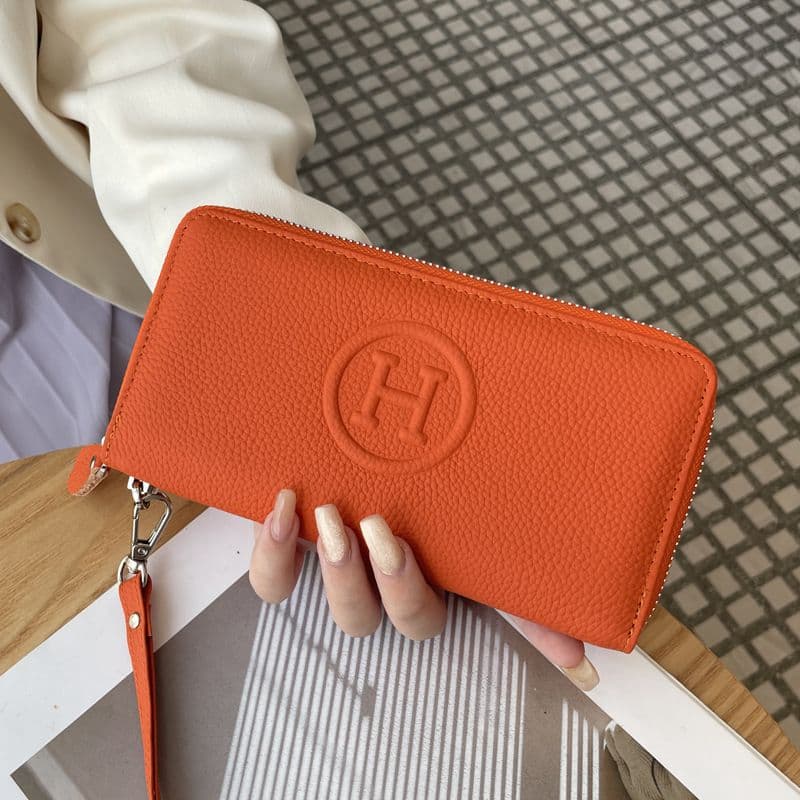 Orange Women's Genuine Leather Long Wallet - Zip Closure Clutch Purse
