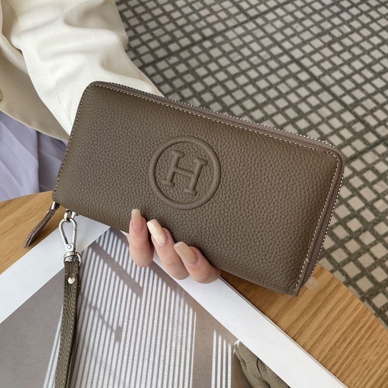 Khaki Women's Genuine Leather Long Wallet - Zip Closure Clutch Purse
