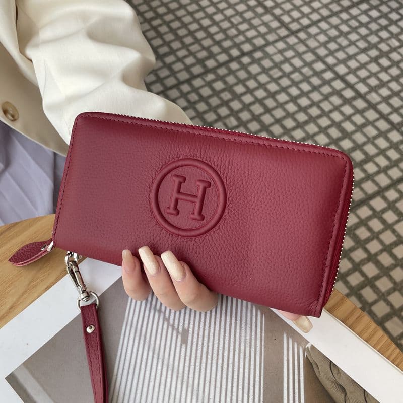 Wine Red Women's Genuine Leather Long Wallet - Zip Closure Clutch Purse