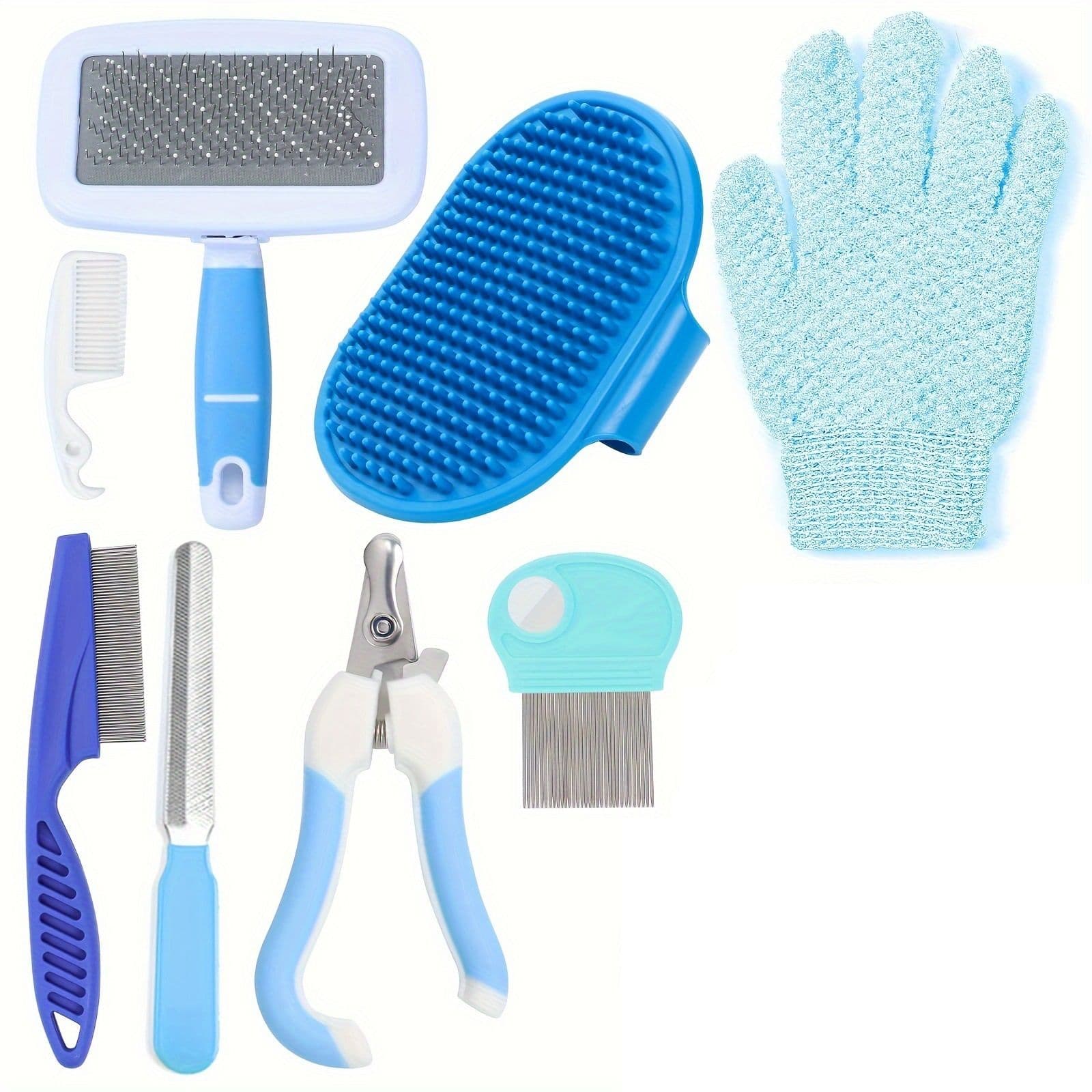 Blue 8-Piece Pet Grooming Kit - Nail Clippers, Slicker Brush, Flea Comb