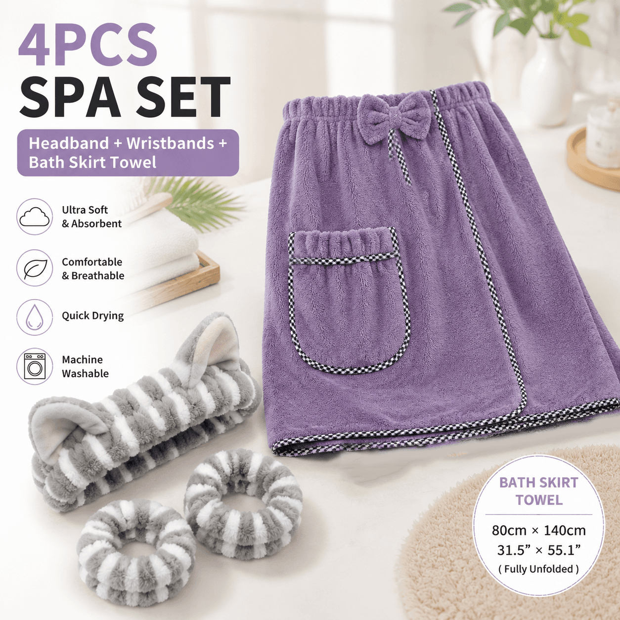 4-Piece Spa Set Bath Wrap Purple bath towel Gray - Purple Gray Purple