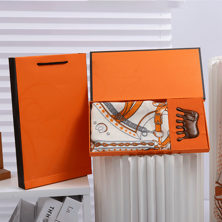 Orange Scarf Gift Set for Women - 70 × 70 cm Belt Buckle Print Square Scarf