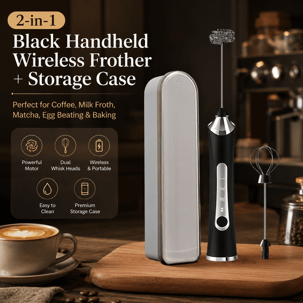Black 2 in 1 Handheld Electric Milk Frother and Egg Whisk with Storage Case