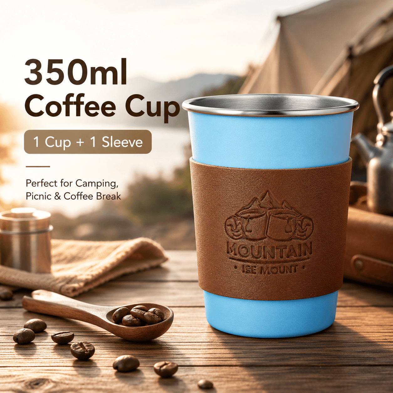 Blue 304 Stainless Steel Camping Coffee Cup with Leather Sleeve - 350 ml