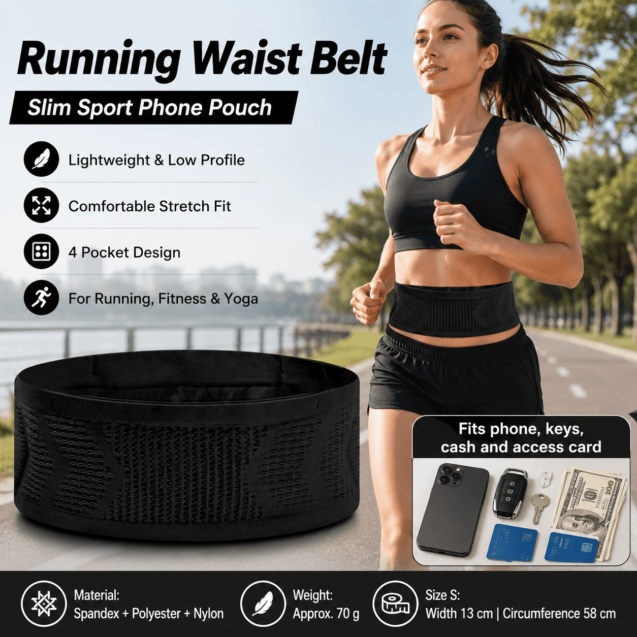 Black S Size Running Waist Belt - High Stretch Spandex Nylon Blend
