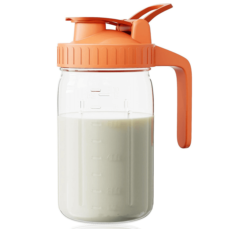 Orange Glass Mason Jar Pitcher 32oz with Flip Lid Pour Spout Milk Jug