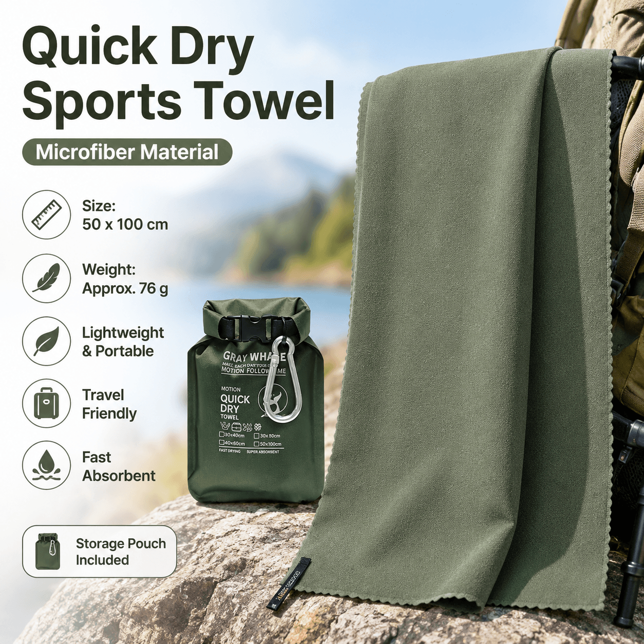 Green 50 × 100 cm Portable Quick Dry Sports Towel - Ultra-Light Microfiber
