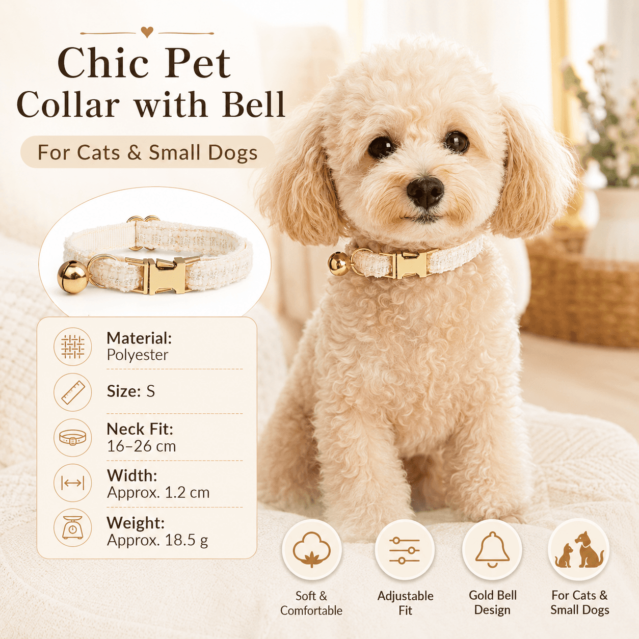S Size White Tweed Pet Collar - Polyester with Gold Bell and Adjustable