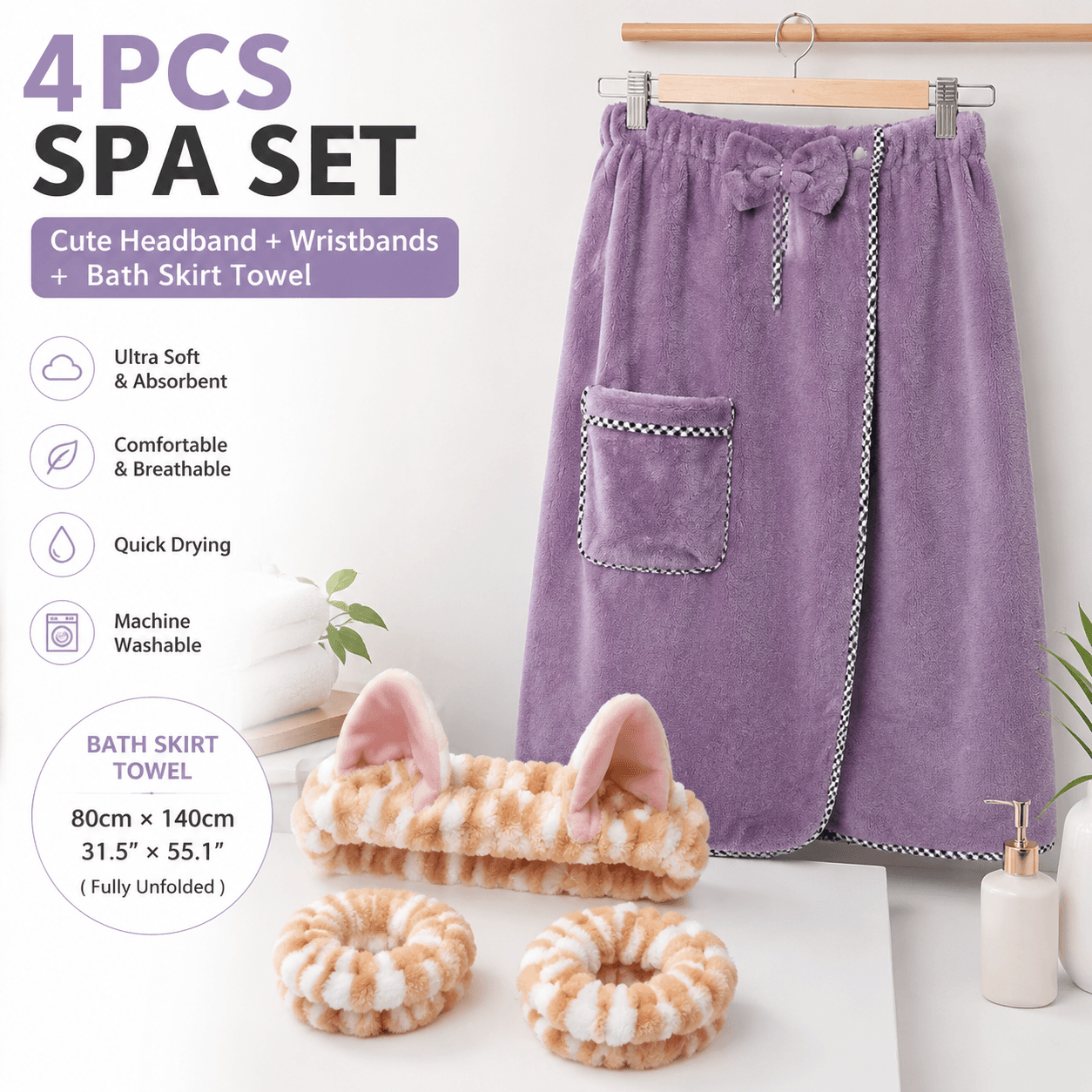 4-Piece Spa Set Bath Wrap Purple bath towel Yellow stripes Cat Ear Headband