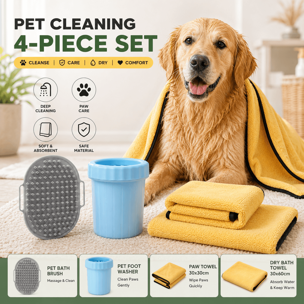 4-Piece Pet Cleaning Kit -Pet Grooming and Paw Cleaning Set with big Blue