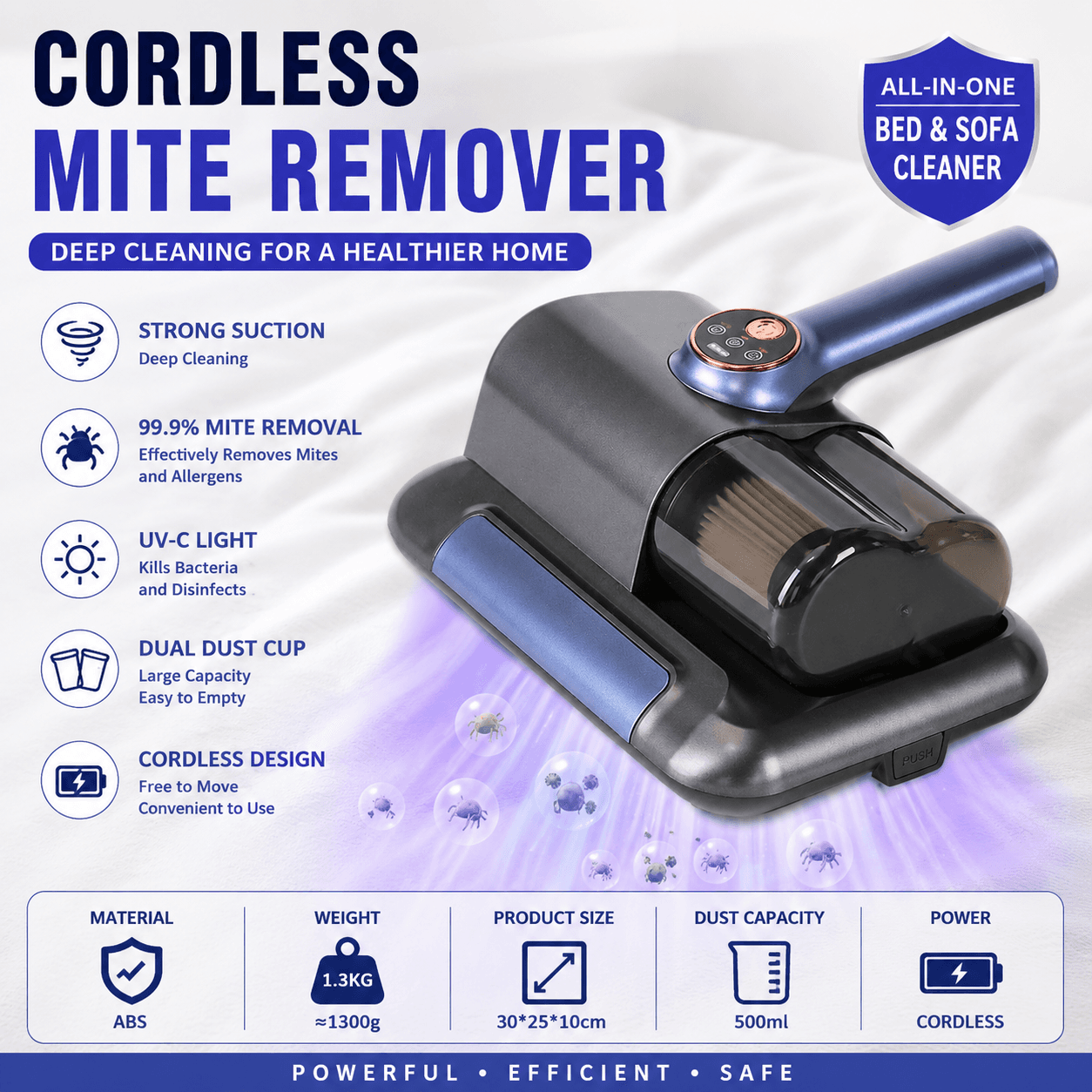 Visualized dust box Black Wireless UV Mite Remover Vacuum - 10000Pa Strong
