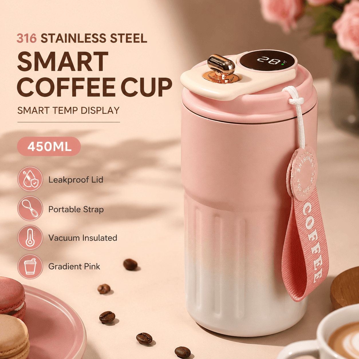 Smart Coffee Tumbler (Gradient Pink) 450 ml Vacuum Insulated Travel Mugwith