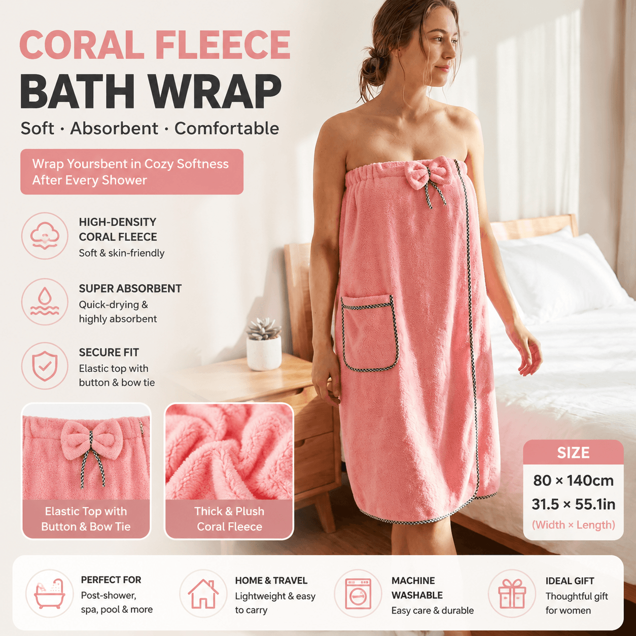 Pink Women's Coral Fleece Wearable Bath Towel Wrap - 80 × 140 cm