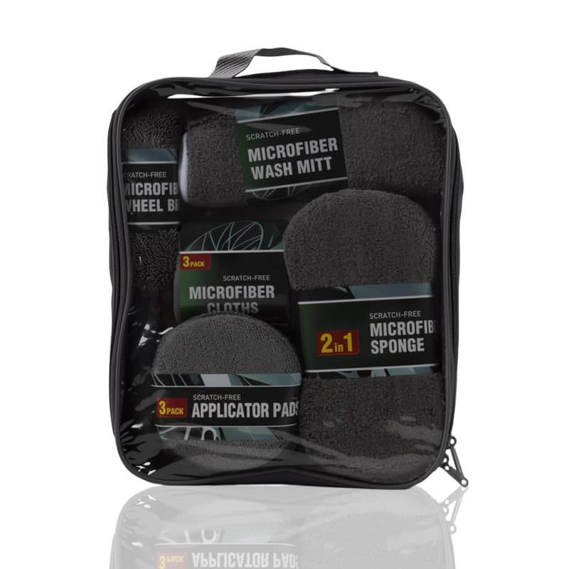 9-Piece Grey Car cleaning kit - Microfibre Wash Mitt, Sponge, Wheel Brush