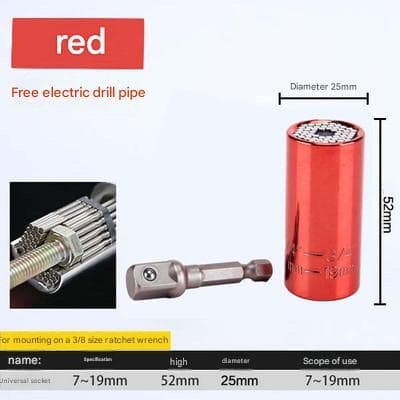 Red Universal Socket Set 7-19mm - Steel Construction - Multi-function Magic