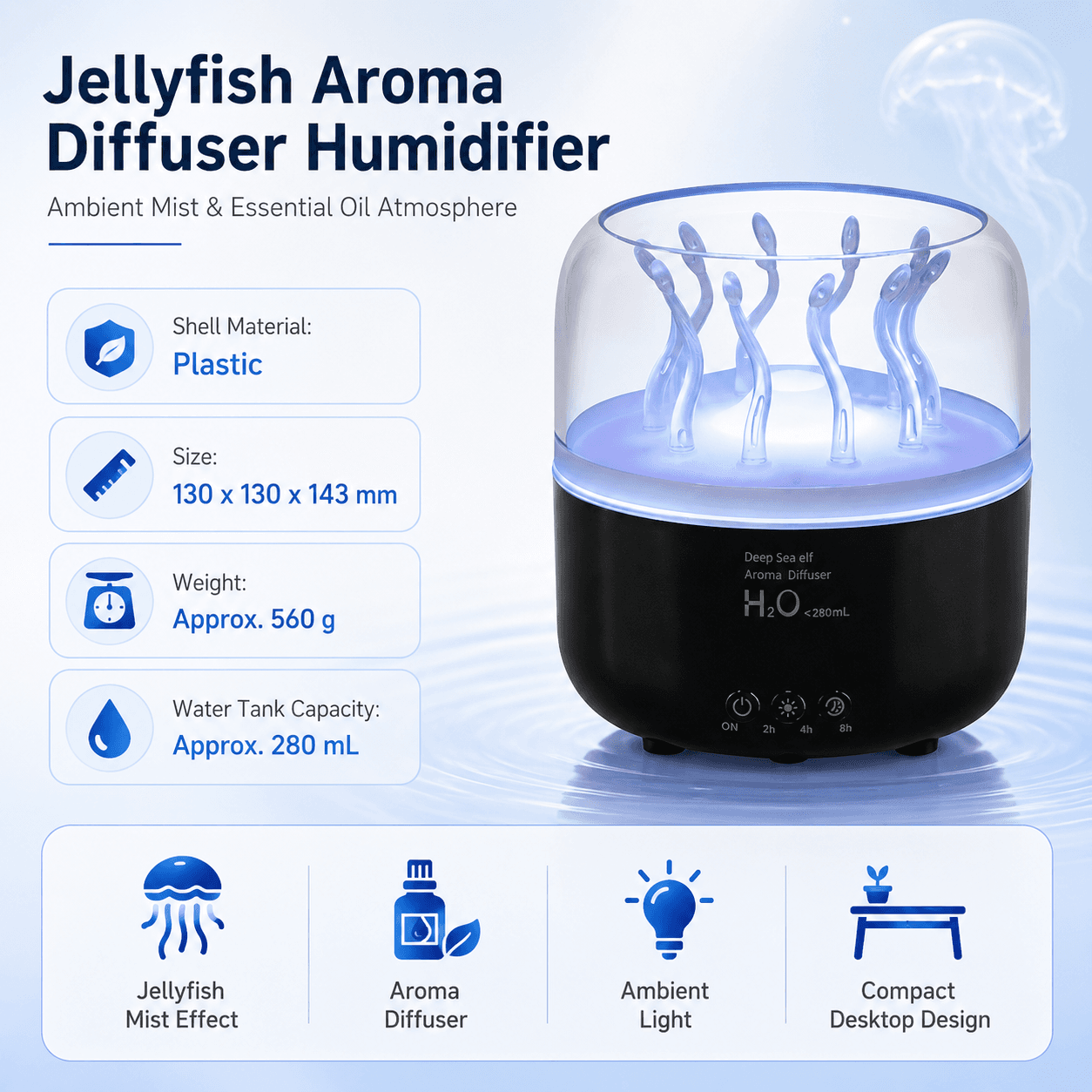 Black Jellyfish Aroma Diffuser Humidifier LED Night Light 280 ml USB