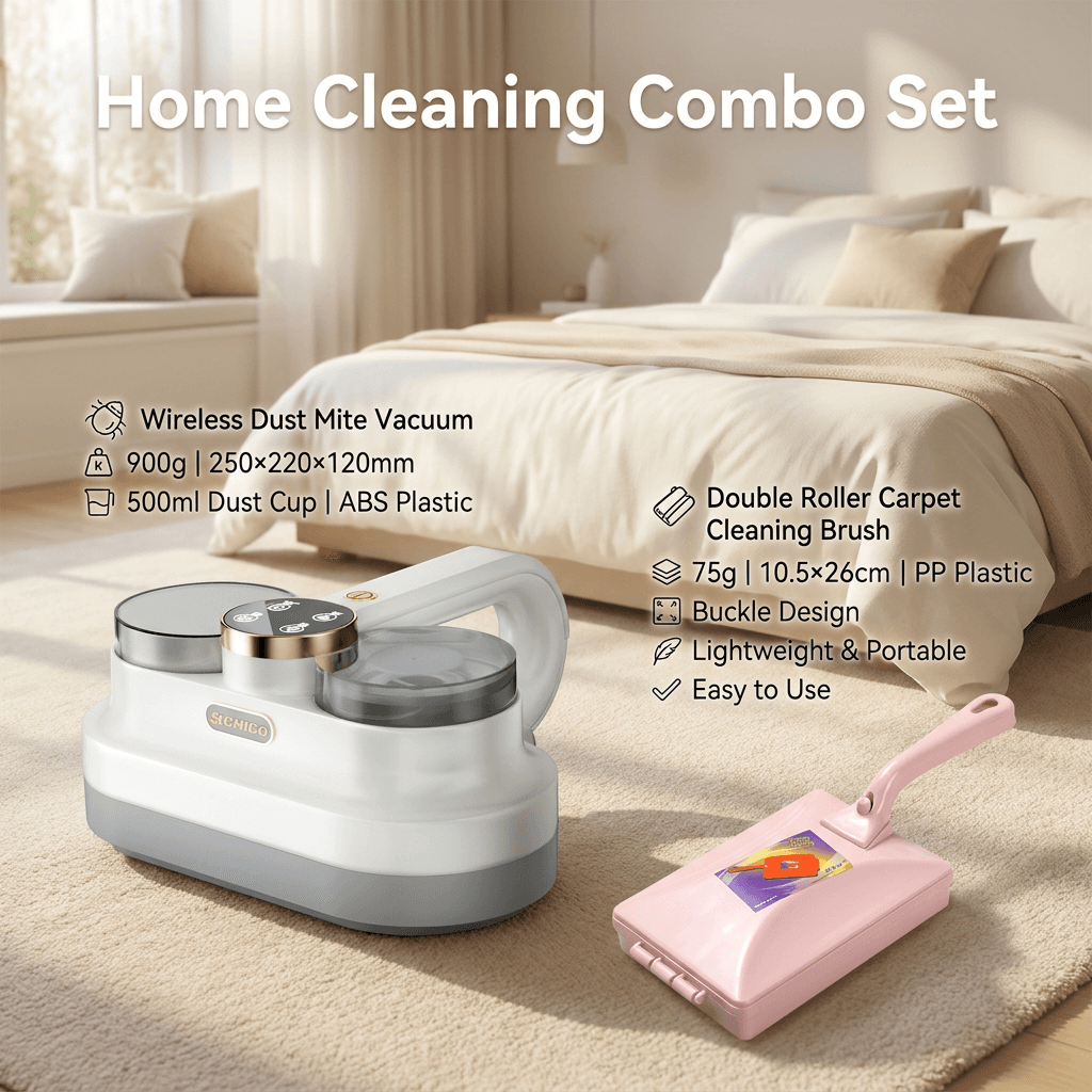 Winter Cleaning Kit White Wireless Dust Mite Vacuum and Pink Double Roller