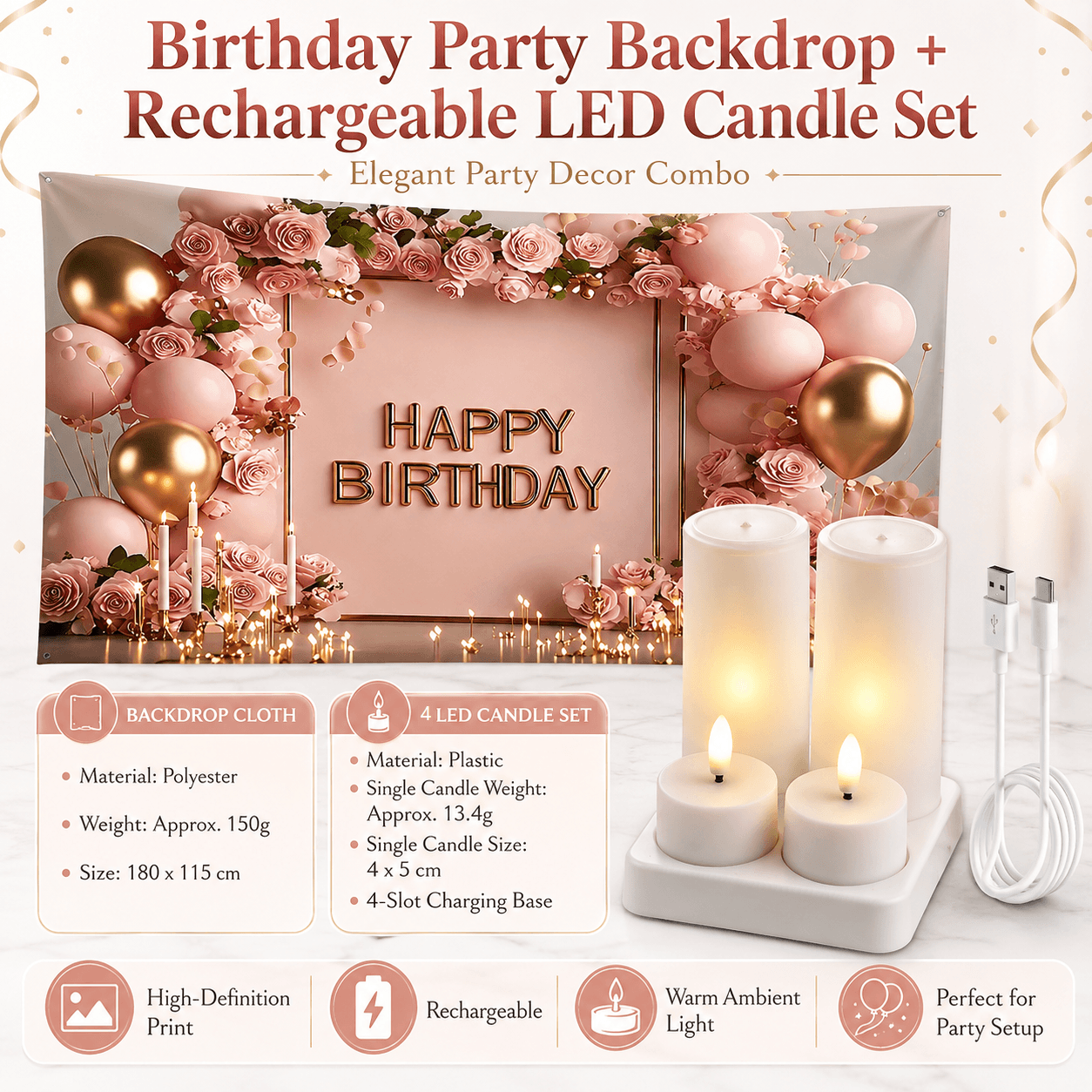 Birthday Party Backdrop and Rechargeable LED Candle Set - 180 × 115 cm