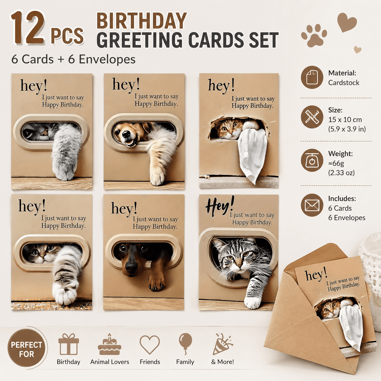 Cat and Dog Birthday Card Set - 6 Assorted Greeting Cards with Envelopes