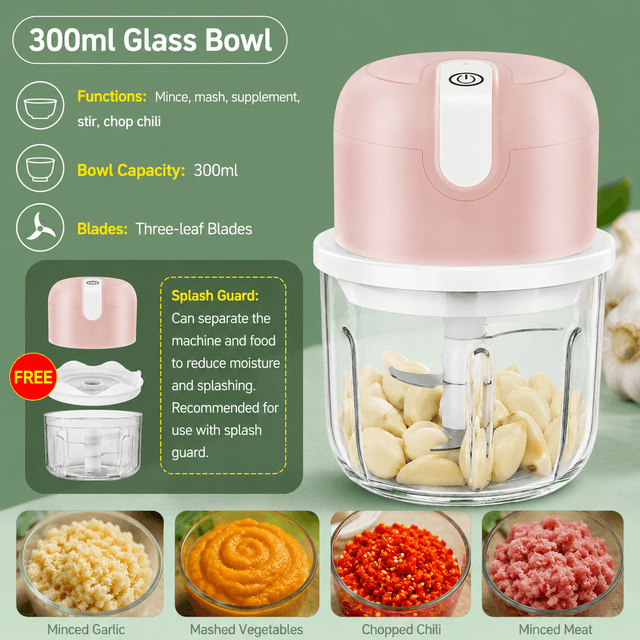 Pink 300 ml Electric Mini Food Processor & Garlic Chopper with Glass Bowl,3