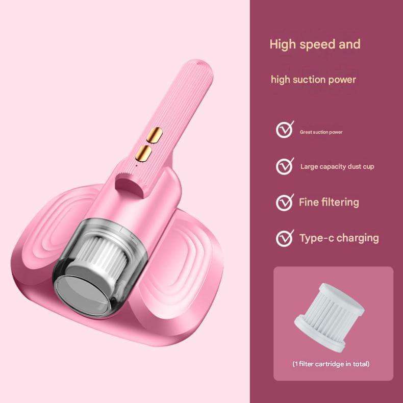 Pink Cordless Handheld Mite Removal Vacuum - 10KPA Suction, UV Blue Light