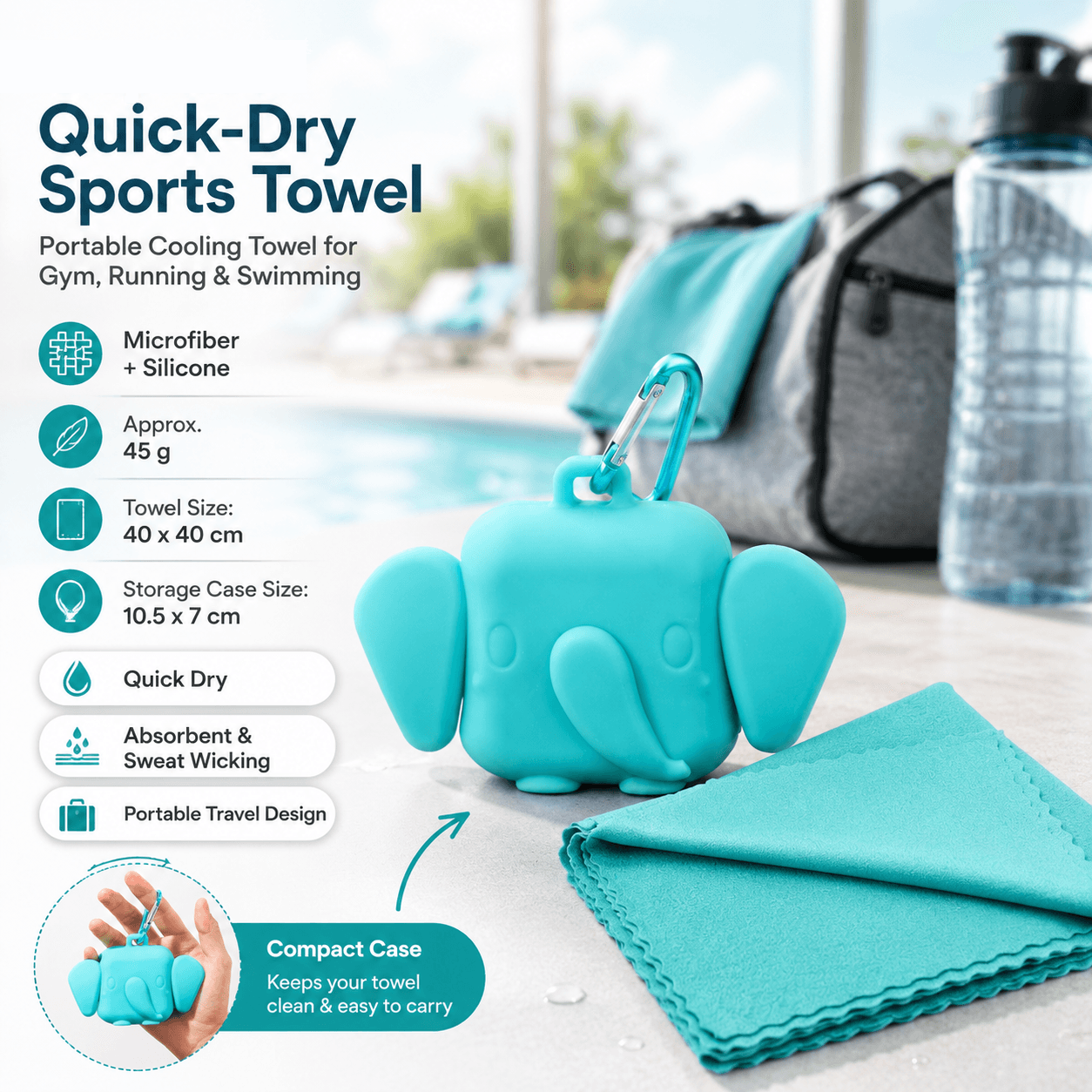 Blue Portable Quick Dry Towel with Elephant Storage Box - Microfiber Cooling