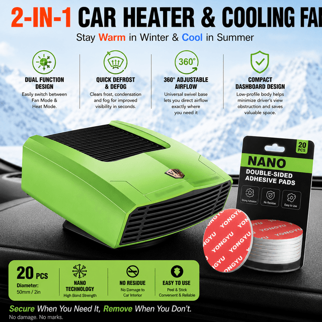 Green Compact 360° Adjustable Car Heater Fan with 20-Piece Removable Nano