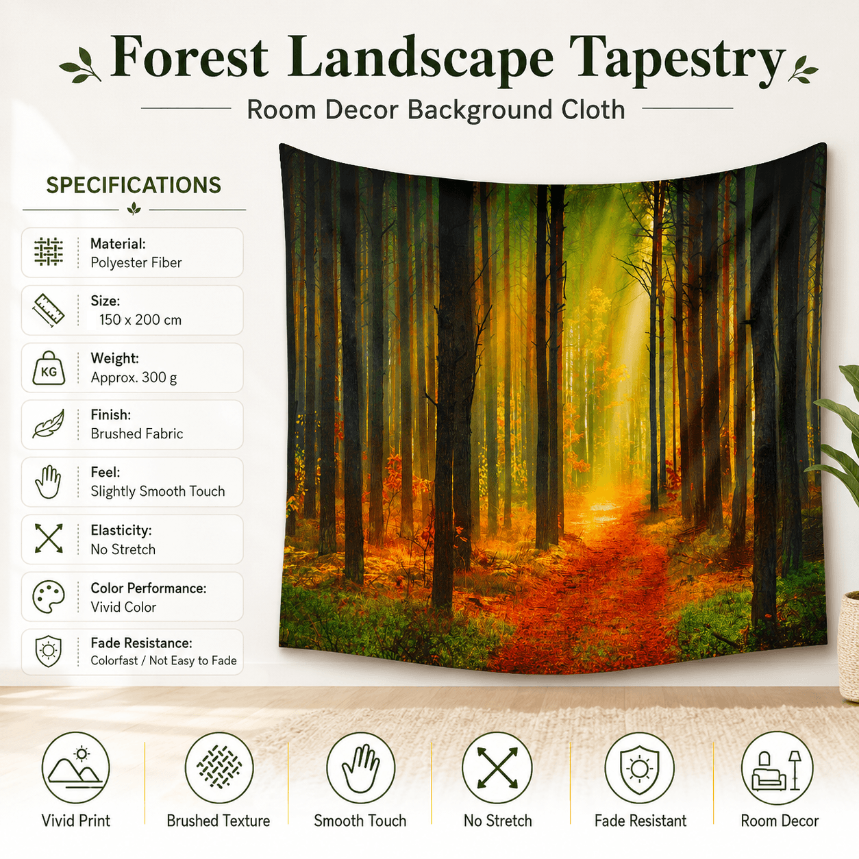 Forest Path Tapestry Wall Hanging 150×200 cm Polyester Fabric Background