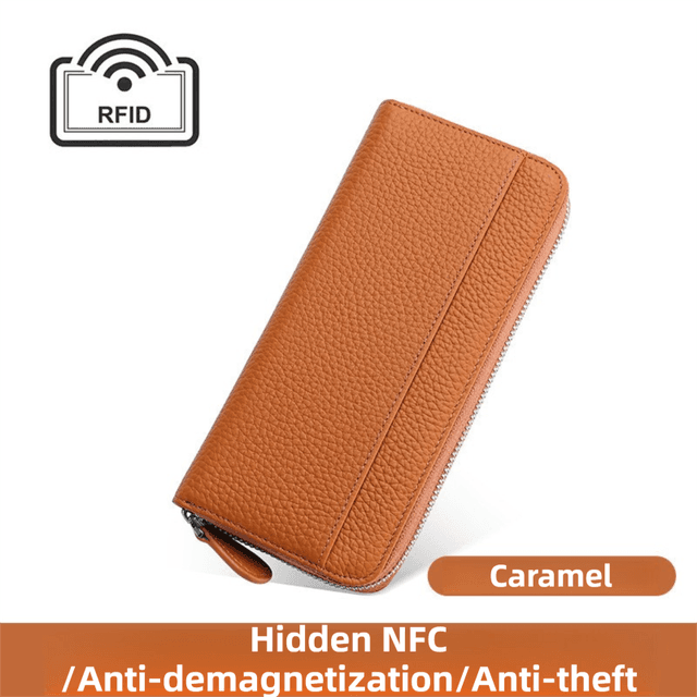 Caramel Genuine Leather Women's Long Wallet with RFID Blocking & Hidden NFC