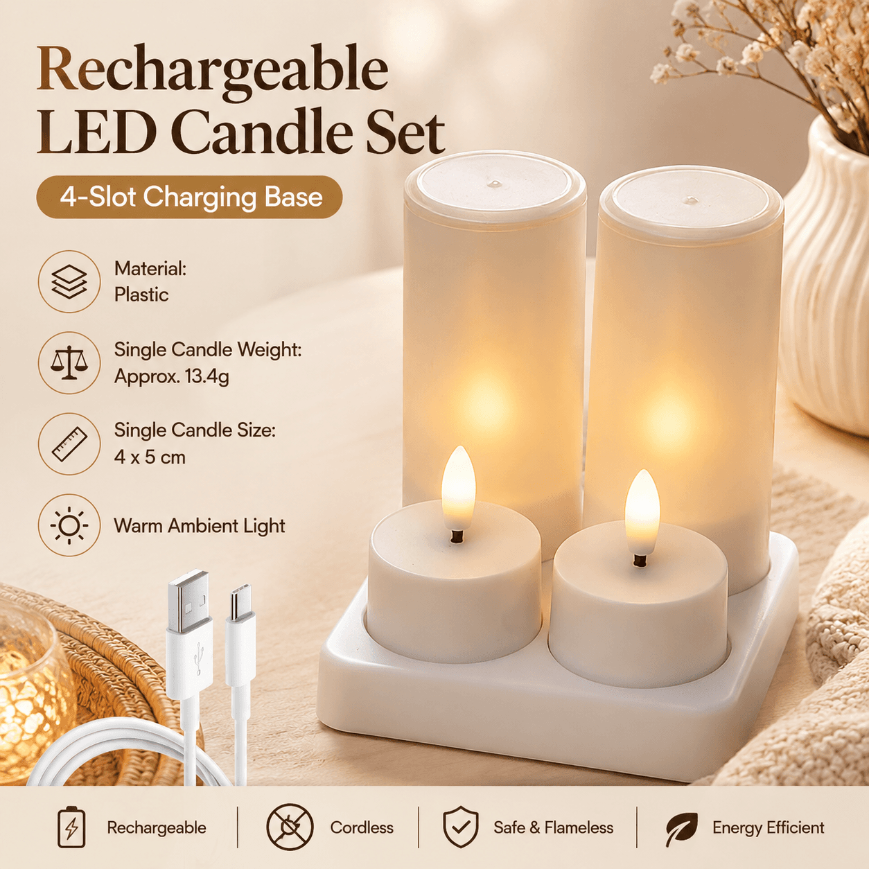 LED Rechargeable Flameless Candle Night Light Set (4 Units, with Lampshade)