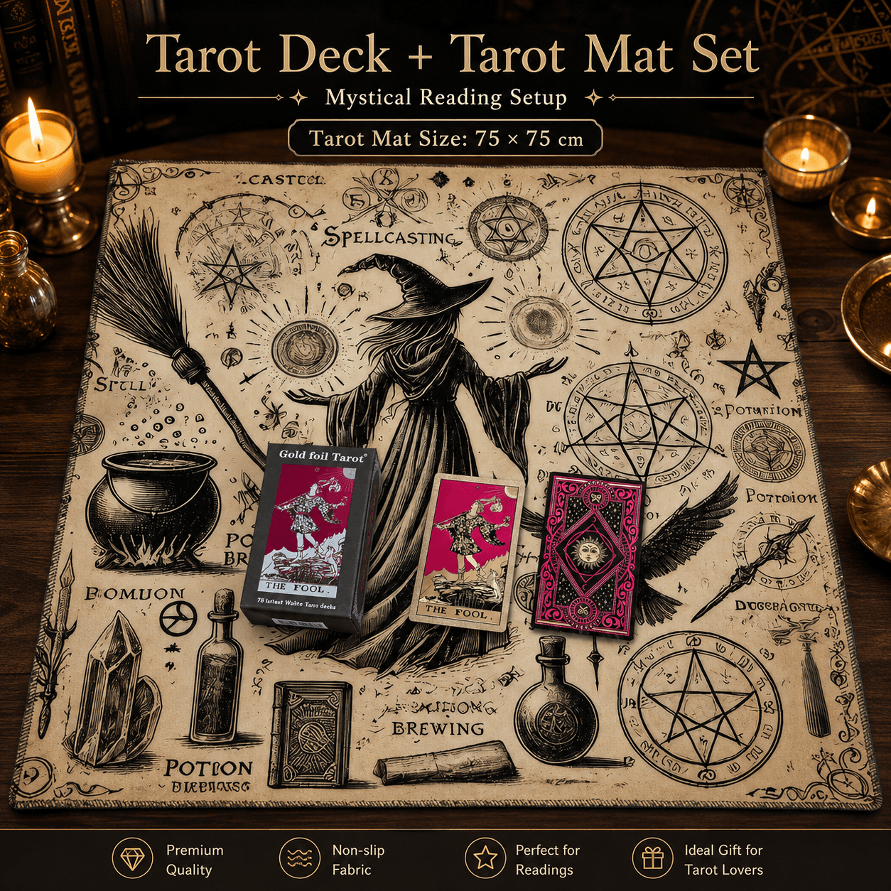 Gold Foil Eye Box Tarot Deck with 75 × 75 cm Witch Pattern Tarot Tablecloth