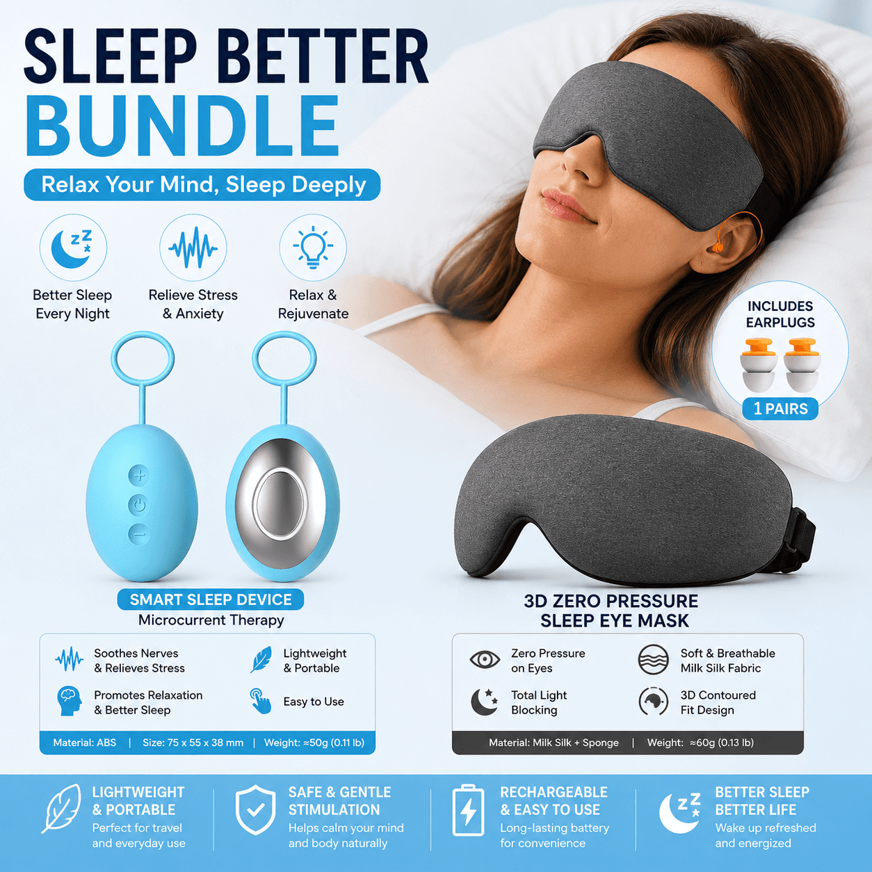 Sleep Aid Combo Set - Blue Portable Microcurrent Handheld Device - Blue Mask