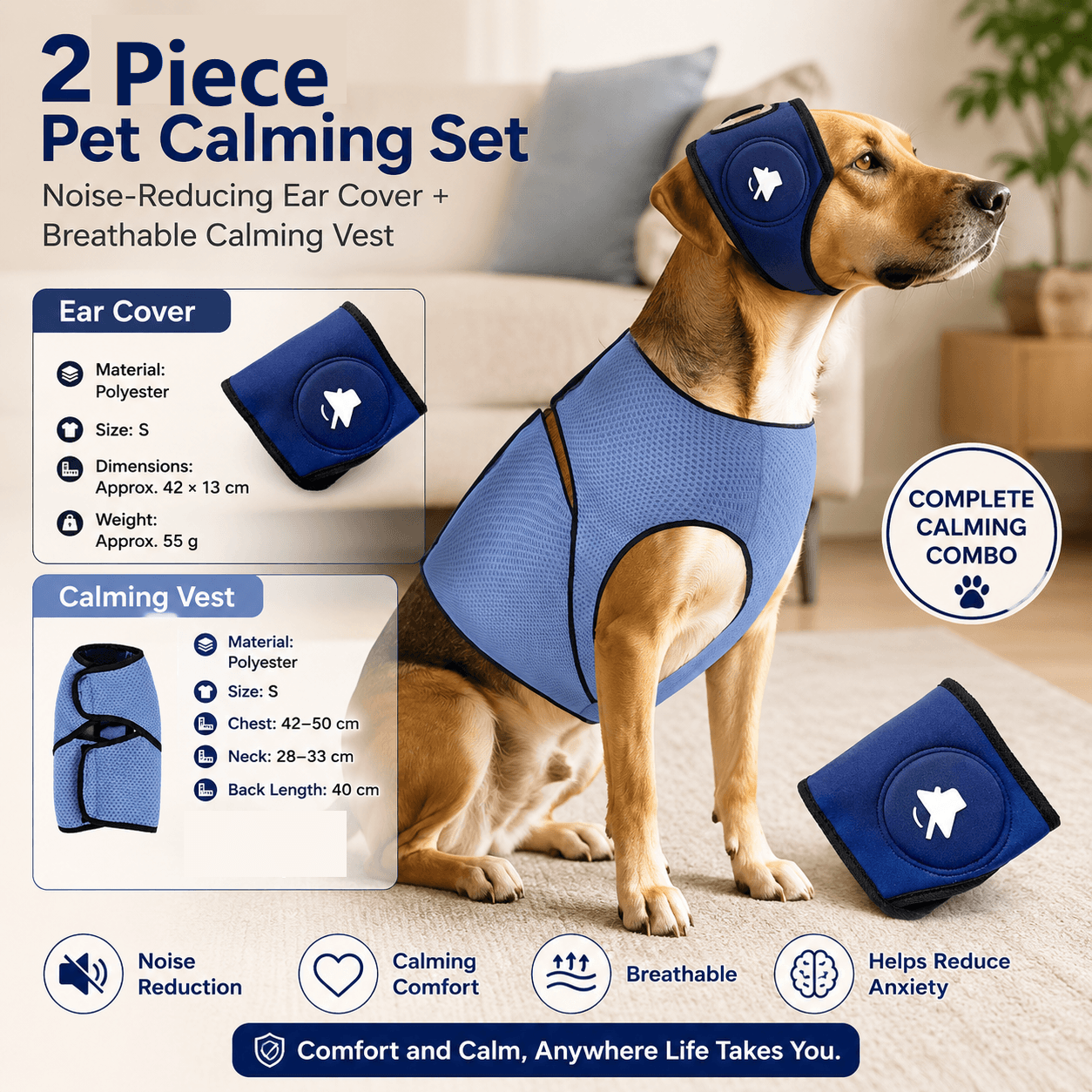 Blue S Size Dog Anxiety Relief Set - Breathable Mesh Calming Vest and Noise