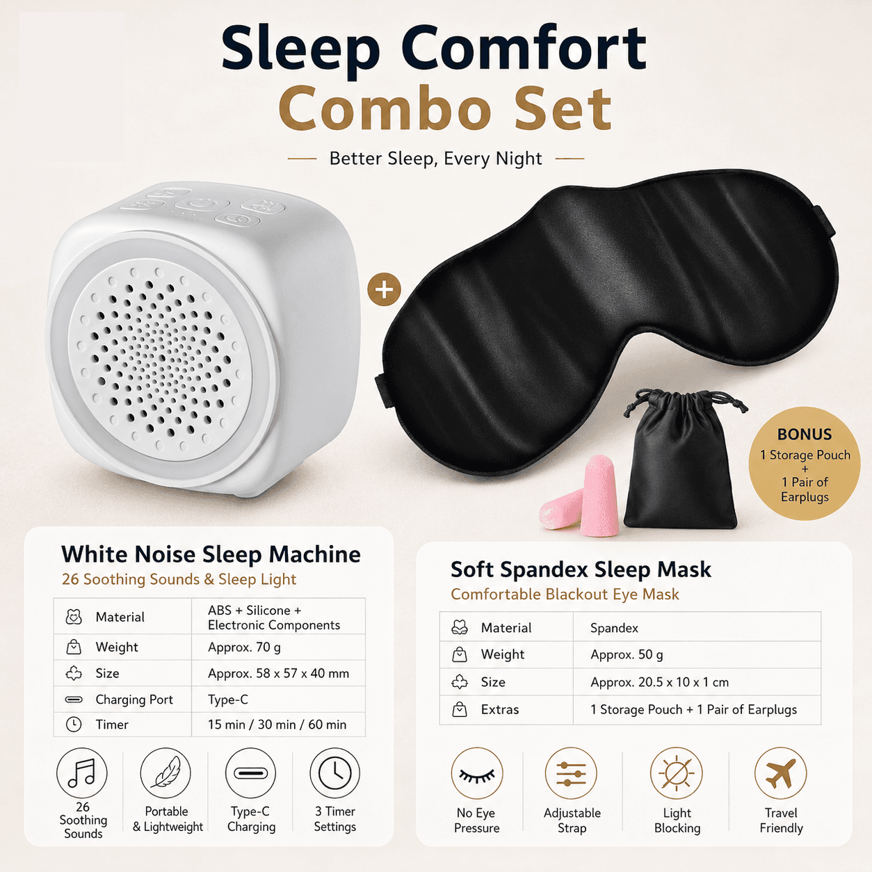 Soft Sleep Aid combination - White Noise Machine with 7-Colour Night - Black