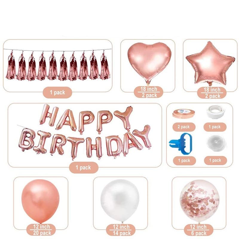 Rose Gold Happy Birthday Balloon Decoration Kit - Foil Letter Balloons