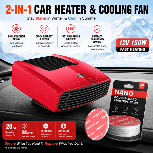 Red Compact 360° Adjustable Car Heater Fan with 20-Piece Removable Nano