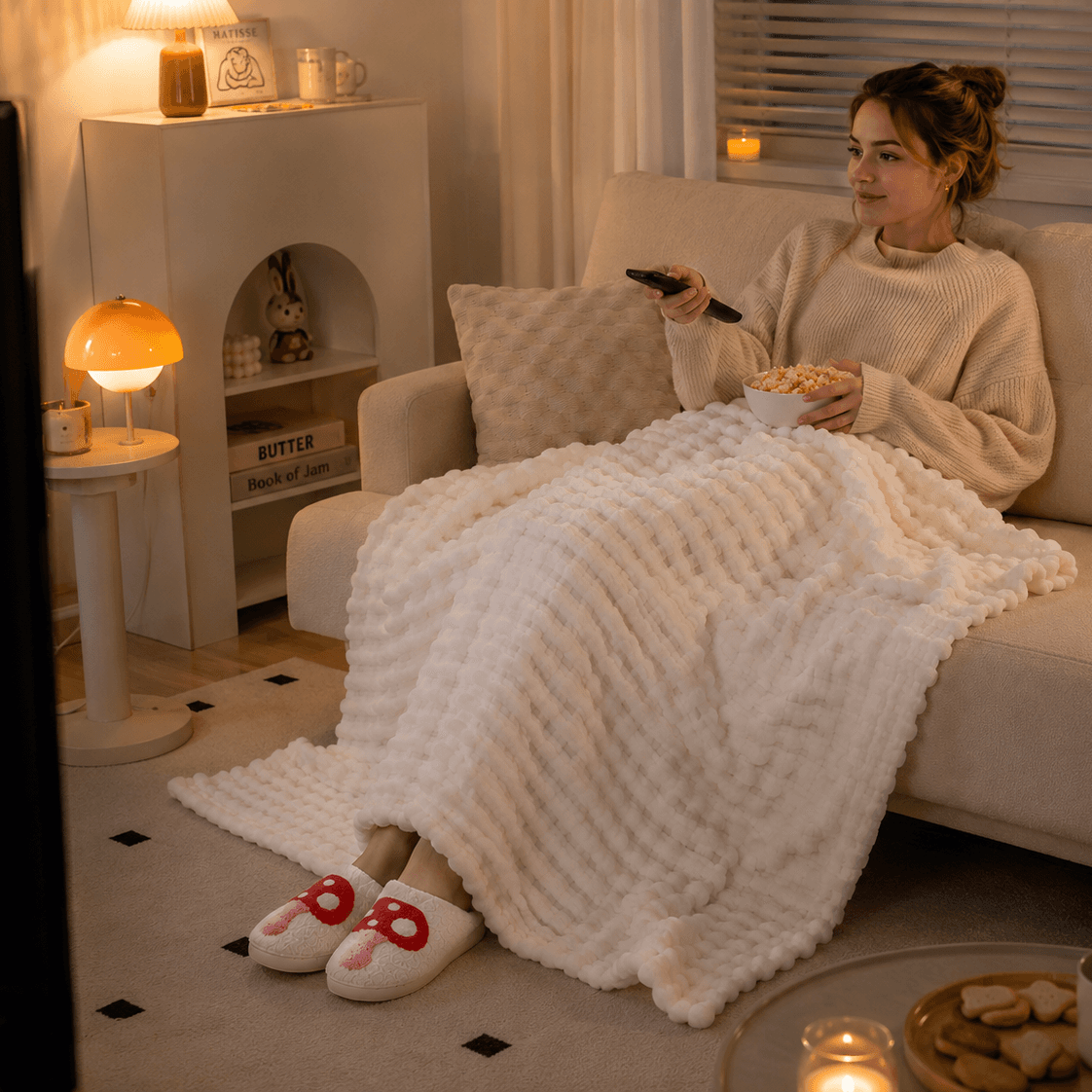 Mushroom-Themed Plush Slippers & Bubble Fleece Throw Blanket Set - A Cozy