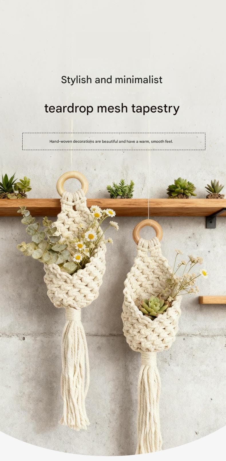 White Macrame Hanging Plant Holder - Cotton Rope Wall Basket, Bohemian Style
