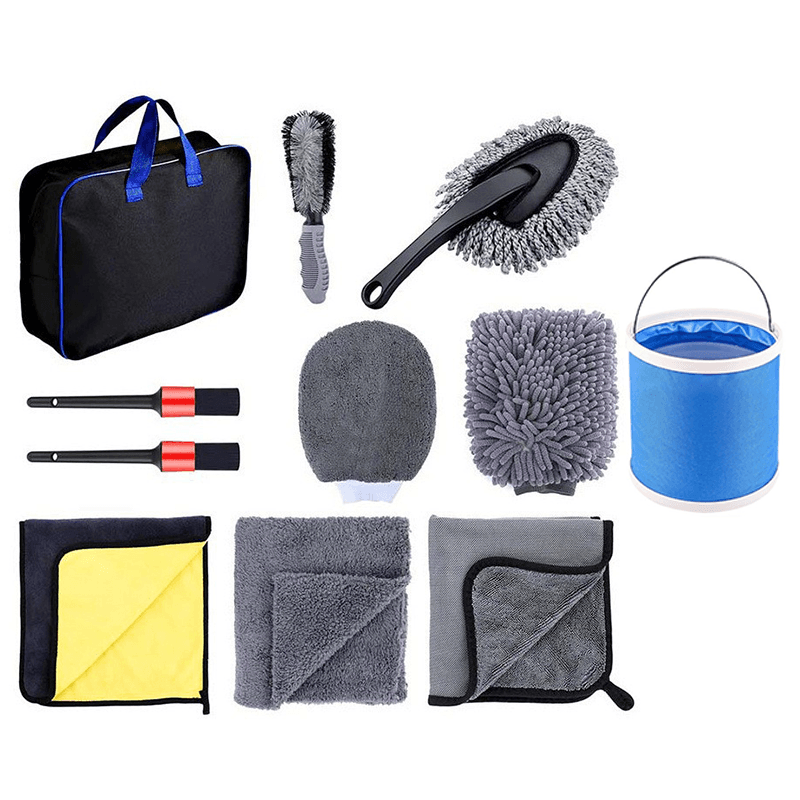 11-Piece Car Wash and Detailing Kit - 9L Blue Collapsible Oxford Fabric