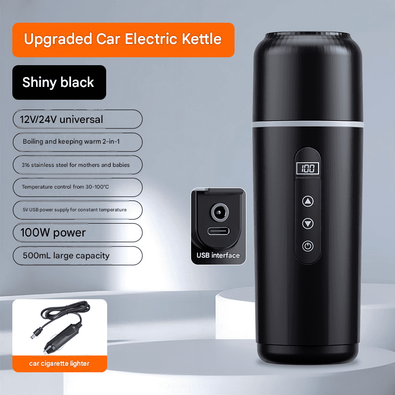Black Portable Car Electric Kettle 12V/24V Universal USB Travel Water Boiler