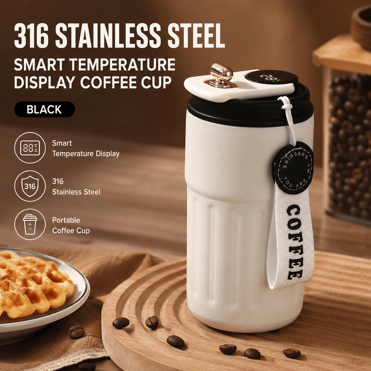 Smart Coffee Tumbler (Black lid) 450 ml Vacuum Insulated Travel Mugwith