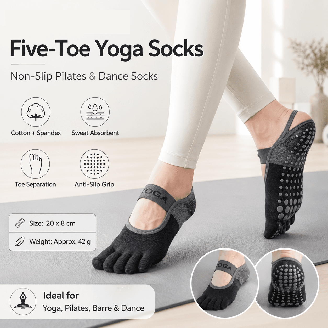 Black Non-Slip Five Toe Yoga Socks - Cotton Blend with PVC Grip Dots