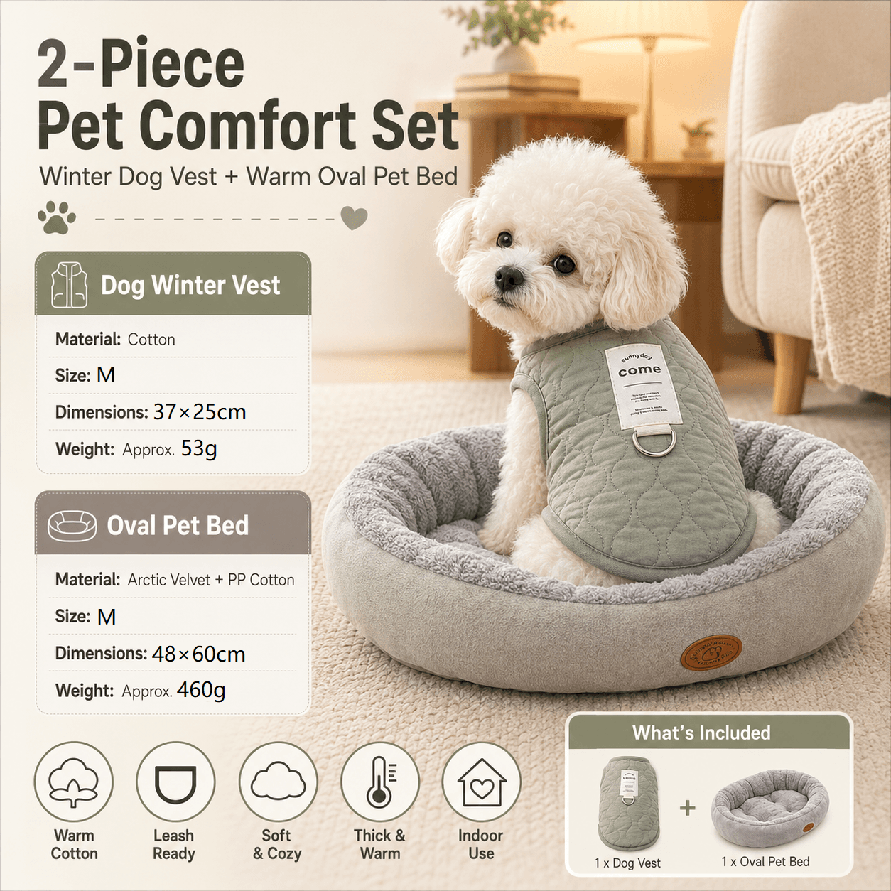 Winter Pet Care Bundle - M Size 37 × 25 cm Green Quilted Dog Vest with Leash