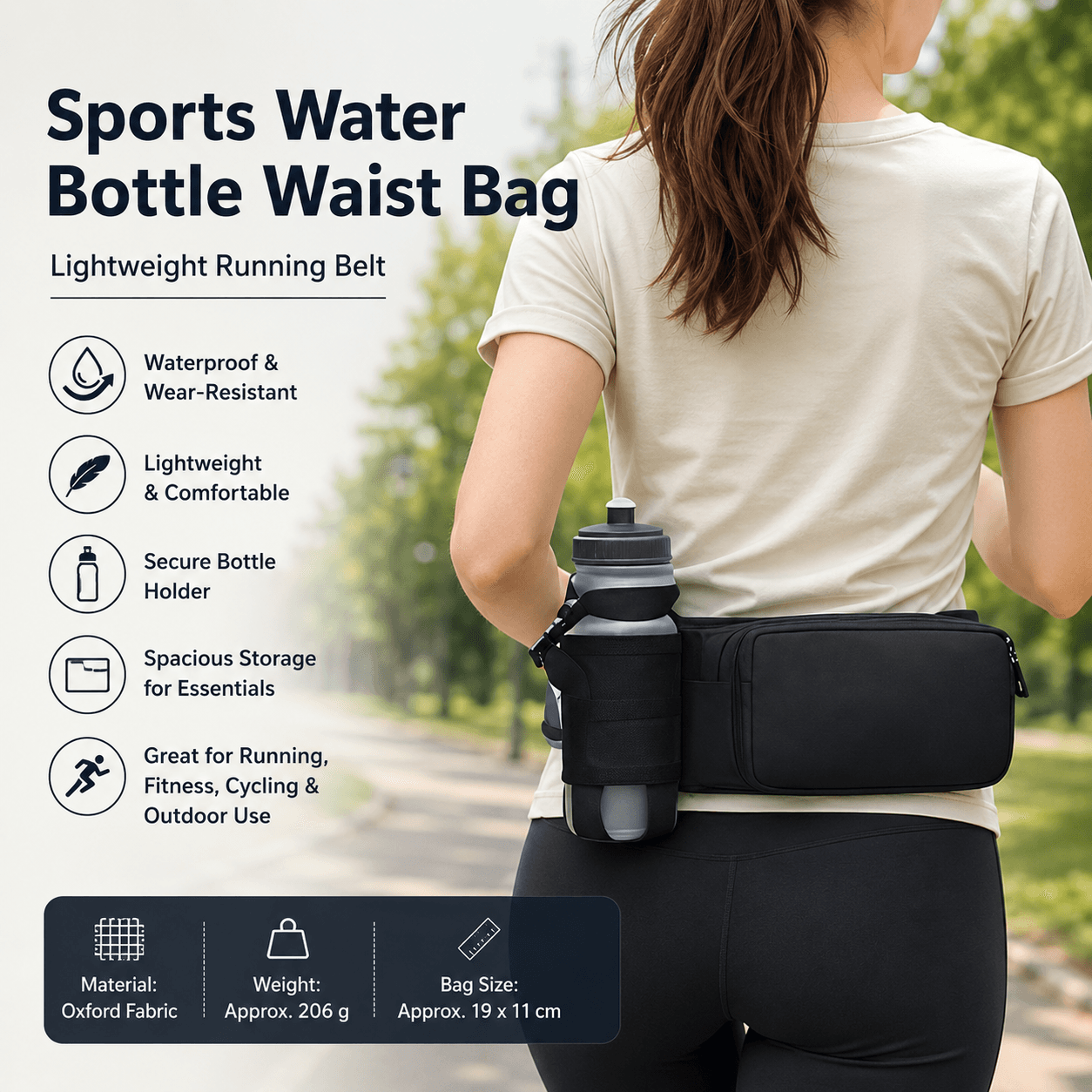 Black Waterproof Sports Waist Bag with Water Bottle Holder - Lightweight