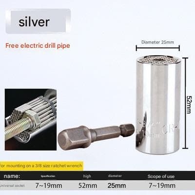 Silver Universal Socket Set 7-19mm - Steel Construction - Multi-function