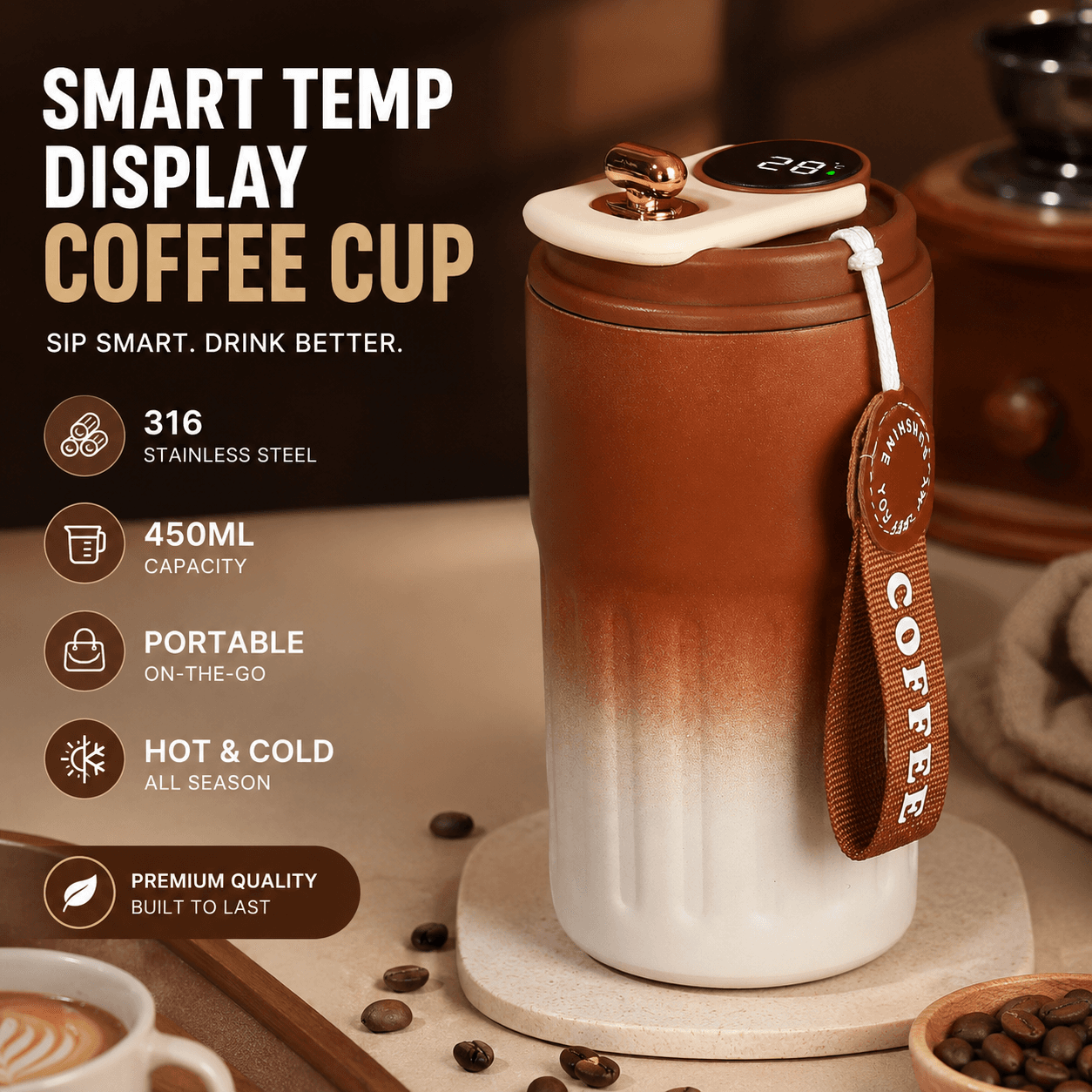 Smart Coffee Tumbler (Gradient brown) 450 ml Vacuum - Brown 450 ml Vacuum