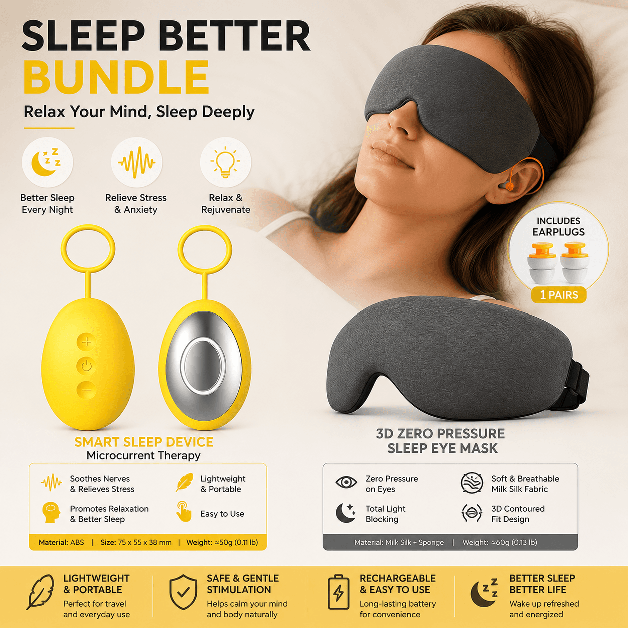 Sleep Aid Combo Set - Yellow Portable Microcurrent Handheld Device and Grey