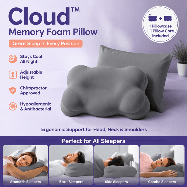 Grey Cloud Memory Foam Cervical Support Pillow Core - Size 60 × 30 × 10 cm