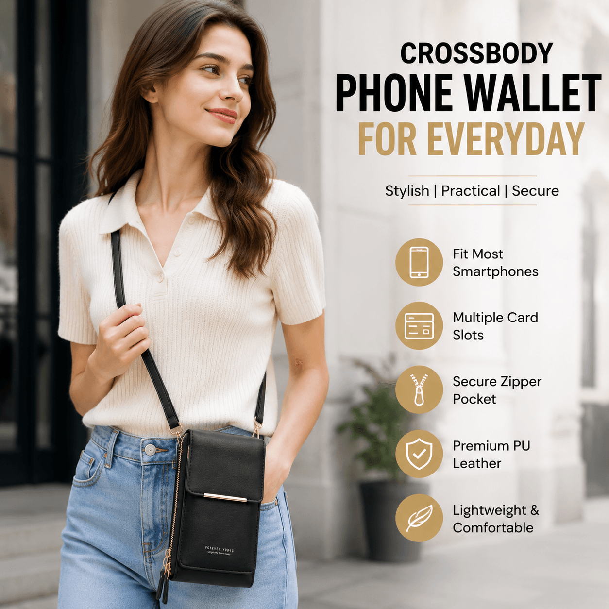 Black Touch Screen Phone Wallet Crossbody Bag for Women Vertical PU Leather