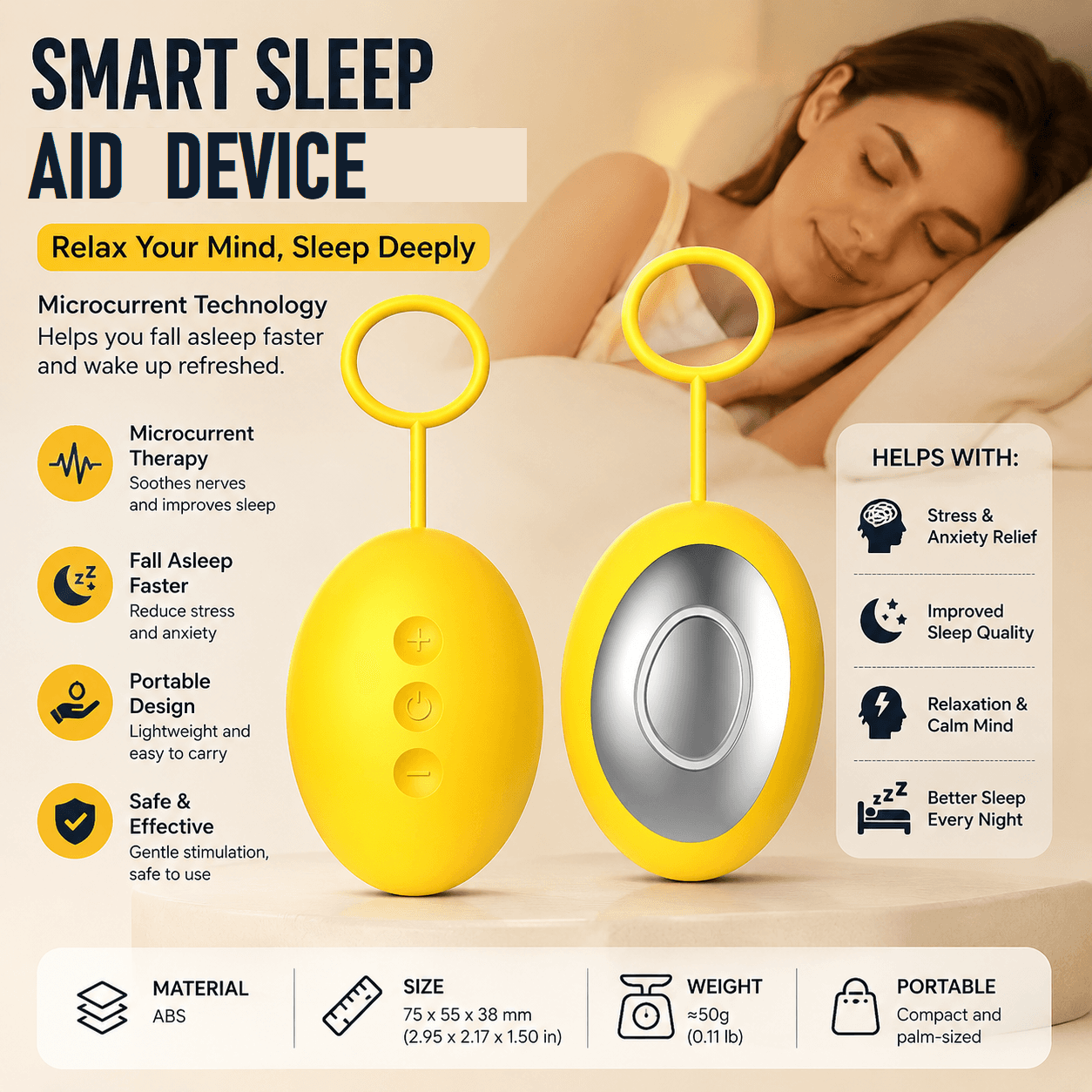 Yellow Portable Handheld Sleep Aid Device - CES Microcurrent Relaxation Tool